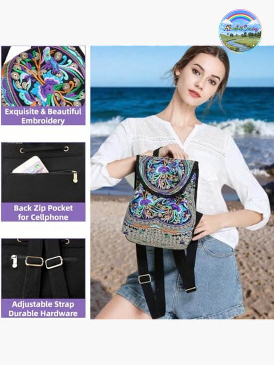 Vintage Embroidered Backpack Purse - Boho Travel Mini Backpack Lightweight main image 6